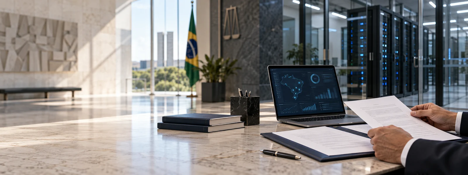 Documentos normativos ao lado de recursos de segurança e infraestrutura tecnológica